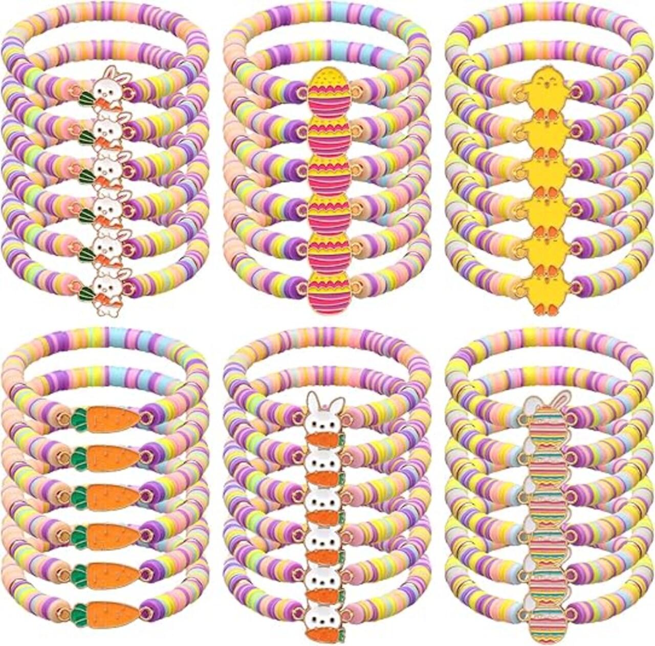 30 Pcs Easter Party Bracelets Gifts Bulk Easter Bunny Egg Chick Carrot Polymer Clay Beaded Bracelets Bulk for Party Supplies Basket Stuffers Egg Fillers Gifts